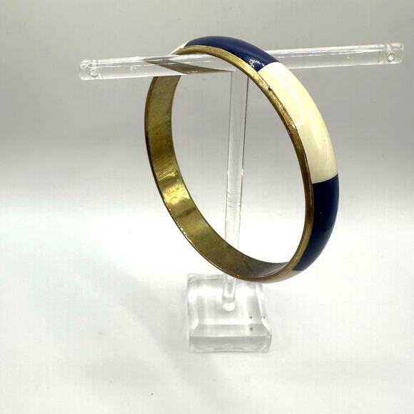 Vintage Navy Blue White Enamel Bangle Bracelet Striped Preppy Nautical Coastal - Picture 1 of 9